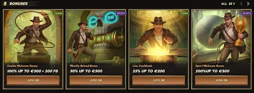 Sekcja BONUSY z ofertami powitalnymi, cashbackiem i bonusami sportowymi, przedstawiona w formie kart graficznych z przyciskiem logowania, promująca bonus sankra w kasynie