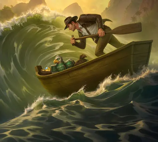 Odkrywca w kapeluszu walczy z potężną falą, wiosłując małą łodzią pełną skarbów i artefaktów, co tworzy dynamiczną scenę przygody i ryzyka kojarzoną z kasyno online sankra