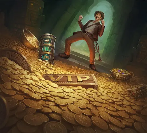 Radosny odkrywca stojący na górze złotych monet z symbolem VIP w starożytnej komnacie, przedstawiający moment triumfu, wysokich wygranych oraz korzyści dostępnych dzięki bonus kasynowy sankra
